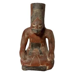 10” Pre Columbian Sitting Man Bird Hawk Quapaw Effigy Water Jug Mexican Pottery